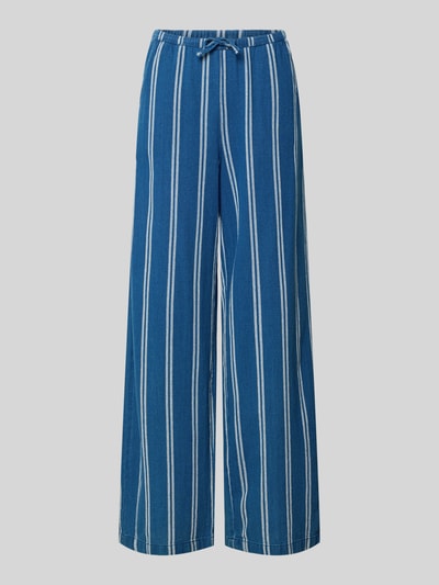 Produktfoto, Wide-Leg-Pants mit elastischem Bund und Kordelzug von Jake*s Casual aus reiner Baumwolle, ausgestellter Schnitt, blaue Hose mit weißen vertikalen Streifen, französische Eingrifftaschen, Gesäßtaschen, Bundweite 40 cm, Innenbeinlänge 77 cm, strukturierte Textur.