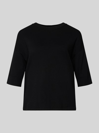 Produktfoto, schwarzes Regular Fit T-Shirt aus Viskose-Mix Modell 'Morla' von B.Young, Rundhalsausschnitt, 7/8-Arm, glatte Textur.