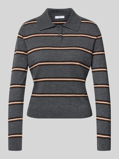 Produktfoto, Strickpullover mit kurzer Knopfleiste von Mango, grau mit braun-beigen Streifen, Polokragen, Regular Fit, Woll-Mix, gerippte Abschlüsse