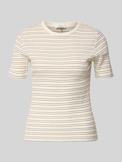 Produktfoto, T-Shirt mit Rundhalsausschnitt Modell 'Soleili' von OPUS, bawełna ze stretch, krój slim fit, kremowe z cienkimi czarnymi paskami