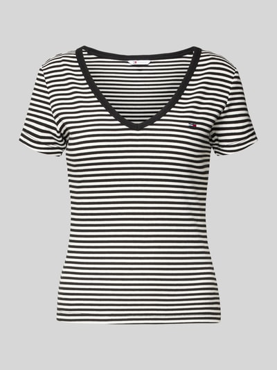Produktfoto, Slim Fit T-shirt uit katoenmix van Tommy Jeans met tweekleurige look, gestikt logo, V-hals, korte mouw, ribstructuur