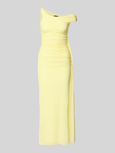 Produktfoto, Abendkleid mit asymmetrischem Ausschnitt Modell 'LAYANA' von Bardot in Gelb, Material-Mix mit Stretch-Anteil, Körpernaher-Schnitt, Maxikleid, mit Raffung, glatte Textur, Größe 36 Rückenlänge 125 cm, Brustweite 40 cm.