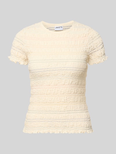 Produktfoto, T-Shirt mit Smok-Details und Muschelsaum von Jake*s Casual, cremefarben, strukturierte Oberfläche, Baumwoll-Mix mit Stretch-Anteil, Körpernaher-Schnitt, Rundhalsausschnitt, Rückenlänge bei Größe S 52 cm.