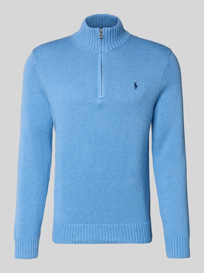 Produktfoto, Troyer mit Label-Stitching von Polo Ralph Lauren in Hellblau, reine Baumwolle, gerippte Abschlüsse, kurzer Reißverschluss, Regular Fit.
