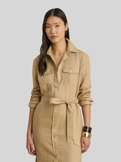 Lauren Ralph Lauren Wąska sukienka koszulowa midi z czystego lnu Beżowy 4