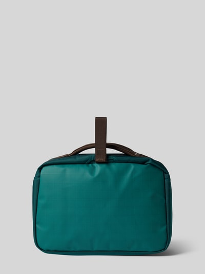 Produktfoto, Kulturbeutel mit Logo-Print Modell 'Voyager' von The North Face in Türkis mit braunem Trageriemen, rechteckige Form, glatte Textur, Hauptfach und Innenfächer mit Reißverschluss, Maße 24x19x10 cm, aus robustem Material