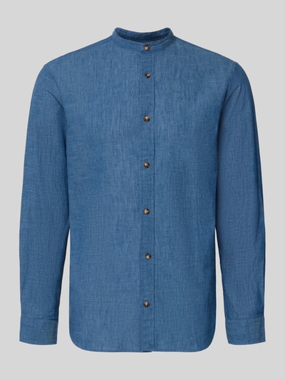 Produktfoto, Regular Fit Freizeithemd aus Baumwoll-Leinen-Mix von Jack & Jones in Blau, Stehkragen, Knopfleiste, glatte Textur