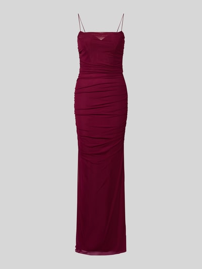 Produktfoto, Slim Fit Abendkleid mit Gehschlitz von Hey Kyla w kolorze bordowym, półprzezroczysty materiał mesh, marszczenia, halka, cienkie ramiączka, wszyty zamek błyskawiczny, długość tyłu 126 cm, szerokość klatki piersiowej 34 cm, rozmiar 36.