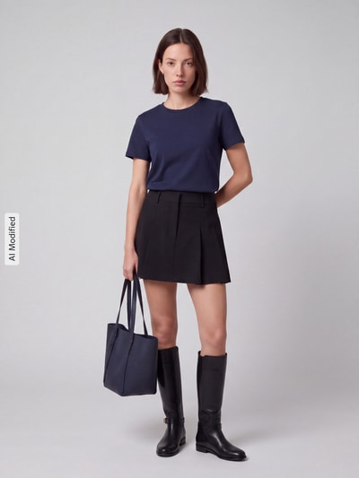 Frauenmodel trägt Regular Fit T-Shirt aus reiner Baumwolle Modell 'LOS' von Tom Tailor in Dunkelblau, glatte Textur, Ganzkörperansicht von vorne, Damen T-Shirt von Tom Tailor, KI-modifiziertes Bild.