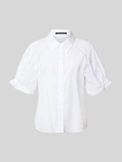 Produktfoto, Bluse mit 1/2-Arm und Hemdblusenkragen von Luisa Cerano in Weiß, reine Baumwolle, Straight Fit, Fransensaum, abgerundeter Saum, Knopfleiste.