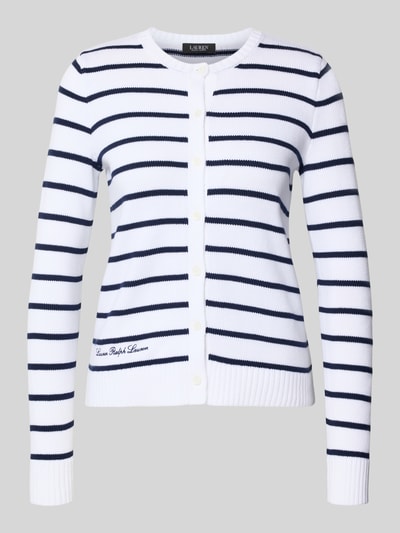Produktfoto, Strickjacke mit Knopfleiste Modell 'RALHAN' von Lauren Ralph Lauren, białe tło, granatowe paski, bawełna, dzianina, regular fit