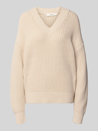 Productfoto, crèmekleurige pullover van katoenmix met v-hals en grof gebreide textuur, Regular Fit Pullover aus Baumwoll-Mix Modell 'SELMA' van Selected, Dames Pullover