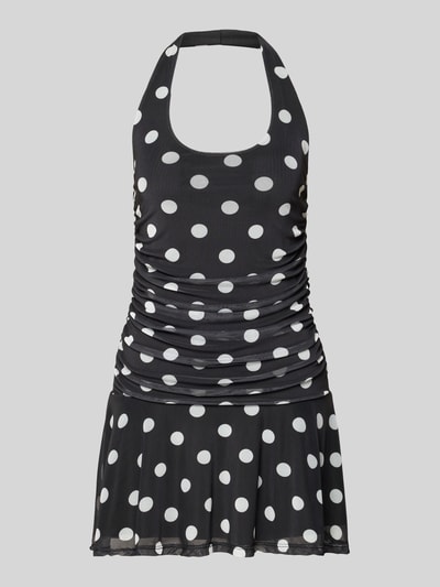 Produktfoto, Neckholder-Minikleid im Allover-Look Modell 'DOTTIE' von NOISY MAY®, Mieszanka materiałów z dodatkiem streczu, krój slim fit, wzór na całej powierzchni, kolor czarny z białymi kropkami, Długość tyłu w rozmiarze S: 58 cm, Szerokość w rozmiarze S: 34 cm