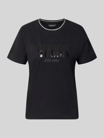 Produktfoto, zwart t-shirt van puur katoen met logodetail, met pailletten, ronde hals, getailleerd, ruglengte maat S 58 cm, T-Shirt aus reiner Baumwolle mit Logo-Detail van GUESS
