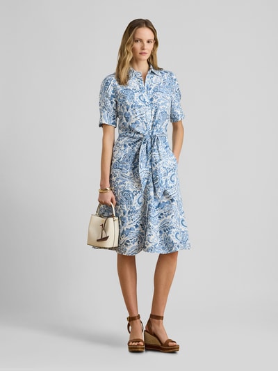 Lauren Ralph Lauren Leinenkleid aus reinem Leinen mit Bindegürtel Blau Melange 1