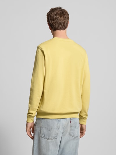 Männermodel trägt Regular Fit Pullover mit Logo-Stitching Modell 'Kane' von Blend in Gelb, Baumwoll-Mix, Rückansicht, Ganzkörperansicht.