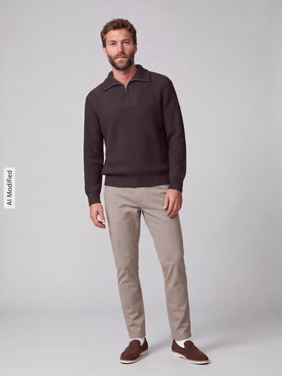 Selected Regular Fit Pullover aus reiner Baumwolle mit Troyer-Kragen Schoko 1