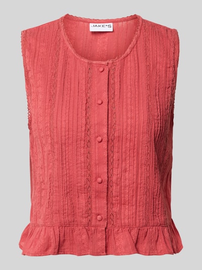 Produktfoto, Blusentop mit Knopfleiste und Häkelspitze von Jake*s Casual aus Reine Baumwolle in Rot, Regular-Fit, Rundhalsausschnitt, detailreiche Struktur, Rückenlänge bei Größe 36: 46 cm