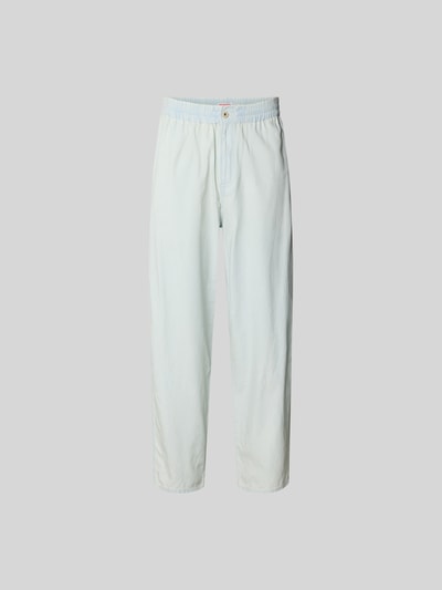 Produktfoto, Relaxed Fit Sweatpants in Denim-Optik von Kenzo aus Reiner Baumwolle, helle Blautöne, elastischer Bund, Knopf- und Reißverschluss, Bundweite 40 cm, Innenbeinlänge 74 cm, gerade Form, glatte Textur