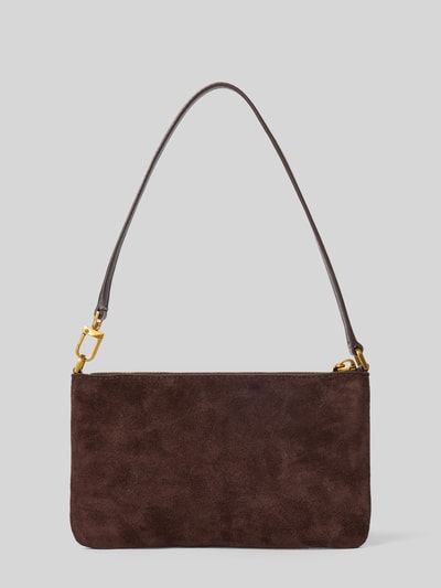Produktfoto, Shoulder Bag aus echtem Leder Modell 'Jet Set' von MICHAEL Michael Kors, dunkelbraune Struktur, goldene Details, abnehmbarer Schulterriemen, Reißverschluss, rechteckige Form, 22x13x3 cm