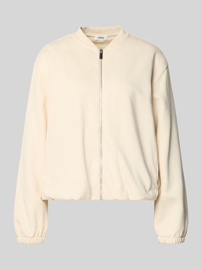 Produktfoto, Boxy Fit Jacke aus Baumwoll-Mix von s.Oliver RED LABEL, kremowy kolor, college-kragen, długi rękaw, elastyczne wykończenia, gładka tekstura, boczne kieszenie, materiał: bawełniany miks, krótki fason, widoczne label stitching.