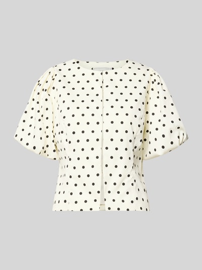 Produktfoto, Slim Fit Bluse mit Puffärmeln Modell 'ANELA DOT' von Neo Noir, Material-Mix mit Stretch-Anteil, weiße Grundfarbe mit schwarzen Punkten.