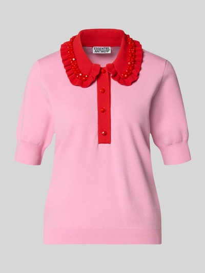 Produktfoto, Regular Fit Pullover aus Viskose-Mix Modell 'JEWELRY' von Essentiel Antwerp, dwukolorowy, perły, kołnierzyk bebe z falbanami, okrągły dekolt, rękaw długi, prążkowane wykończenia, dzianina, mieszanka wiskozy