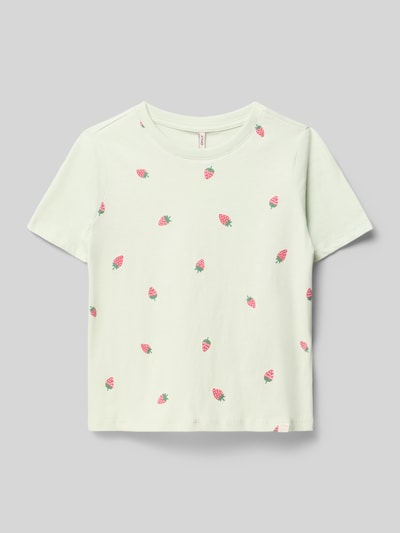 Productfoto, Regular Fit T-Shirt aus reiner Baumwolle Modell 'BEATE' van Only, unikleurig lichtgroen met aardbei-print, ronde hals, korte mouwen, jerseystof
