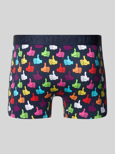 Produktfoto, Trunks mit elastischem Bund im 3er-Pack von Happy Socks, buntes Daumen-Muster auf dunklem Baumwoll-Elasthan-Mix, körpernahe Passform, Modell 'Thumbs Up', Herren