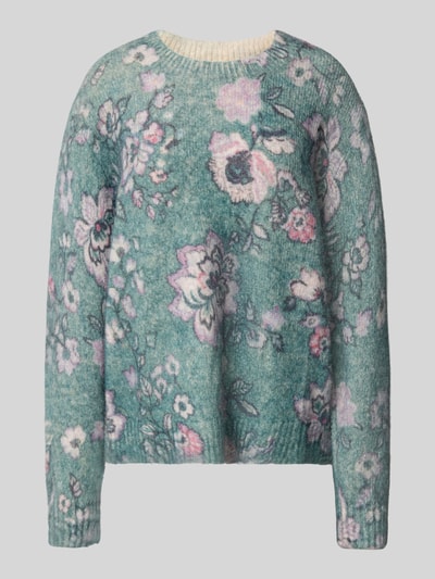 Produktfoto, Relaxed Fit Strickpullover mit Leinen-Anteil von Christian Berg Woman, elastische materiaalmix met linnen, ribboorden, bies, lange mouw, ruglengte maat S 57 cm, mouwlengte maat S 62 cm, gebreide pullover met bloemen in groen, paars en wit.