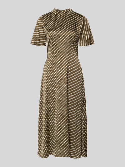 Produktfoto, Regular Fit Midikleid aus reiner Viskose mit Stehkragen von Comma, olivgrünes und weißes Streifenmuster, taillierte Passform, kurzärmelig