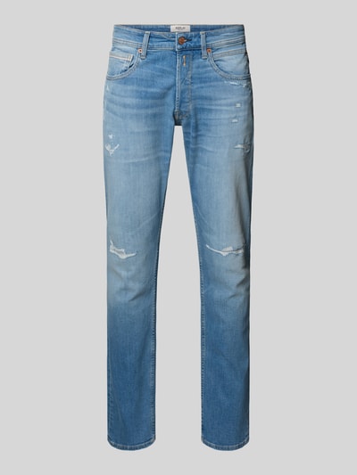Produktfoto, Straight Leg Jeans im Used-Look Modell 'Grover' von Replay, blauer Baumwoll-Mix mit Stretch-Anteil, Gerader-Schnitt, 5-Pocket-Design, Knopf-Reißverschluss, Used-Look, Bundweite 43 cm, Innenbeinlänge 80 cm