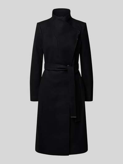 Produktfoto, lange jas in zwart, Model 'ROSE' van Ted Baker, opstaande kraag, slim fit, knoopsluiting, labeldetail, strikceintuur, ruglengte maat 36: 105 cm, schouderbreedte: 40 cm, borstwijdte: 45 cm, mouwlengte: 63 cm
