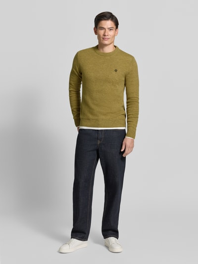 MCNEAL Slim Fit Strickpullover aus reiner Wolle mit Label-Stitching Oliv Melange 1