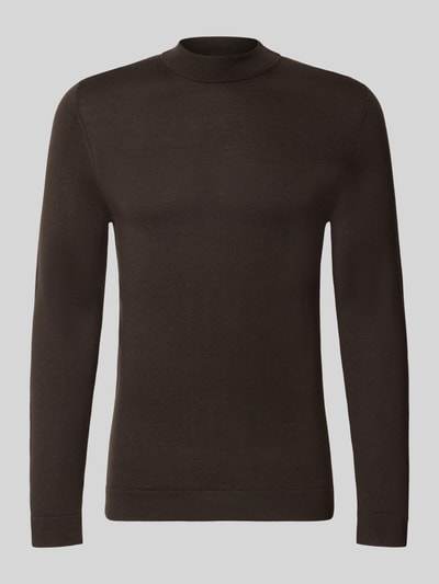 Produktfoto, Slim Fit Longsleeve aus reiner Schurwolle Modell 'Arwon' von DRYKORN in dunklem Braun, Stehkragen, glatte Struktur, schlichte Form. Herren Longsleeve, Rückenlänge 67 cm, Ärmellänge 68 cm.
