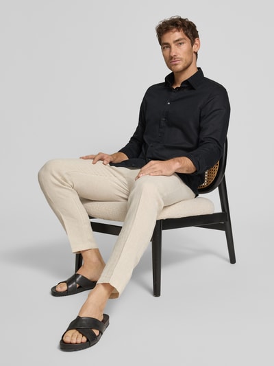 Jake*s Slim Fit Freizeithemd aus Leinen-Baumwoll-Mix Black 1