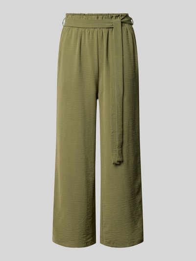 Produktfoto, Culotte mit Bindegürtel Modell 'JOSA' von Vila in Olive, Loose-Fit, Elastikbund, seitliche Eingrifftaschen, strukturierte Textur, Bundweite bei Größe 36: 35 cm, Innenbeinlänge bei Größe 36: 91 cm