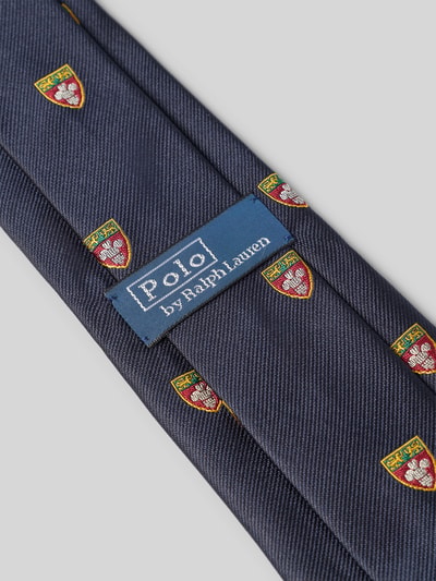 Produktfoto, Krawatte aus reiner Seide von Polo Ralph Lauren in Dunkelblau mit strukturiertem Stoff und kleinen Wappenmustern.