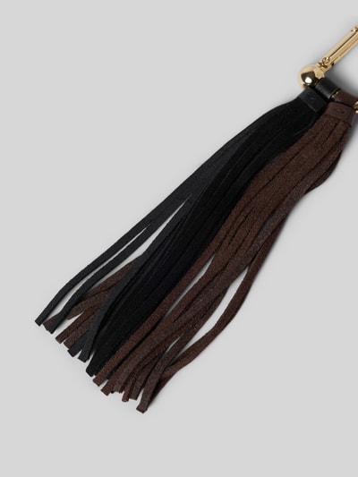 Productfoto, sleutelhanger uit echt leer Model 'NUVOLA FRINGE' van Furla, dames sleutelhanger met metallic sleutelring en franjes, textuurmix van glad en suède, bruin-zwart, context: dames sleutelhanger van Furla, echt leer, sleutelring in metallic, model 'NUVOLA FRINGE', franjes