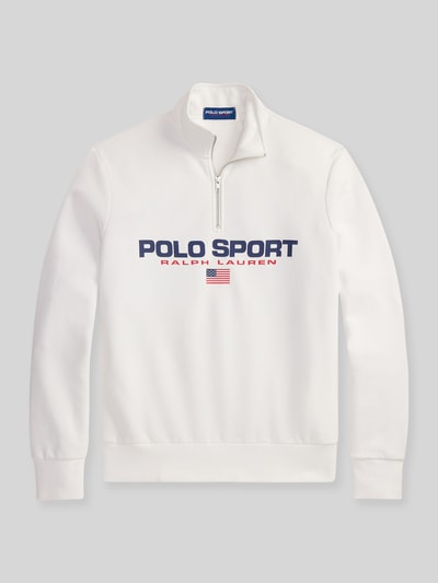 Produktfoto, Relaxed Fit Troyer aus Baumwoll-Mix von Polo Ralph Lauren, unifarben weiß mit Label Print, kurzer Reißverschluss, Sweat-Textur