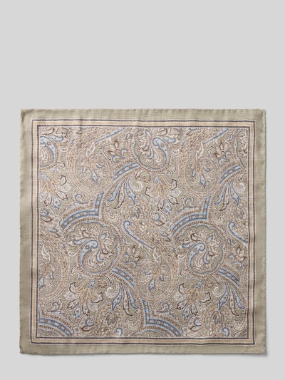 Produktfoto, Einstecktuch aus reiner Seide von Verugia, Herren Einstecktuch, quadratisch, beiges Paisley-Muster mit blauen Details, 30 x 30 cm