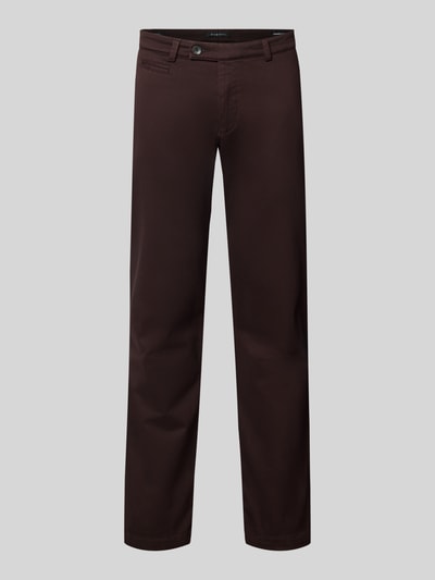 Produktfoto, Slim Fit Chino aus Baumwoll-Mix von bugatti in dunklem Braun, elastisches Material, sichtbare Münz- und Gesäßtaschen, strukturierte Oberfläche