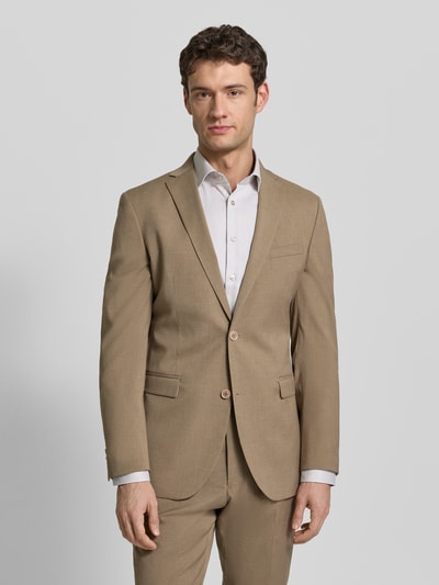 Männermodel trägt Slim Fit Sakko mit Viskose-Anteil von s.Oliver BLACK LABEL in Optik: Unifarben mit Melange, Ganzkörperansicht von vorne.
