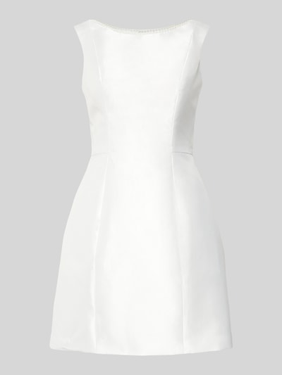 Produktfoto, Brautkleid aus Satin in Minilänge von Luxuar, wit satijn, getailleerd, boothals, rugdecolleté, sierrand met sierparels, minilengte, naadritssluiting, ruglengte maat 36: 87 cm, borstwijdte maat 36: 42 cm