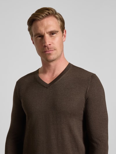 Christian Berg Men Gebreide pullover van een mix van merinowol met V-hals Donkerbruin gemêleerd - 3