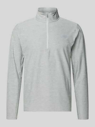 Produktfoto, Regular Fit Sweatshirt mit Troyer-Kragen von New Balance in Hellgrau mit Logo-Print aus Elastischer-Material-Mix.