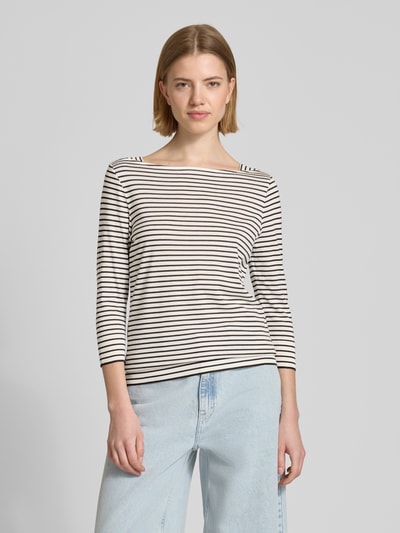 Frauenmodel trägt Regular Fit Longsleeve aus Lyocell-Mix von Windsor, gestreift, 3/4-Arm, Envelope-Ausschnitt, Nahaufnahme Oberkörper.