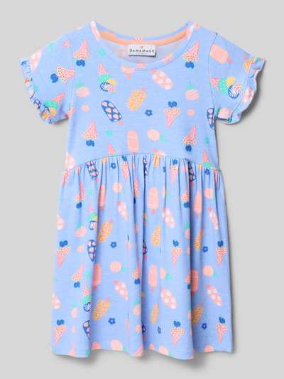 Produktfoto, Regular Fit Shirtkleid mit Allover-Motiv-Print von DANAMADE aus elastischem Baumwoll-Mix, Rundhalsausschnitt, Kurzärmelig, Ärmelabschlüsse mit Rüschenbesatz, Rückenlänge bei Größe 116: 60 cm, kinder, pastellblauer Grundton mit bunten Eistüten und Blumen, strukturierte Baumwoll-Oberfläche