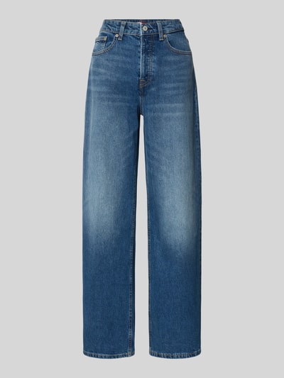 Productfoto, Wide Leg Jeans aus Baumwoll-Mix van Tommy Jeans, denim in uni blauw met 5-pocket-ontwerp, hoge taille, label patch, logo details, knoopsluiting, riemlussen, katoenmix material.