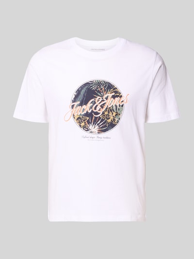 Productfoto, T-shirt met ronde hals model 'HONOLULU' van Jack & Jones, witte katoenen regular fit met print, heren, 68 cm ruglengte.